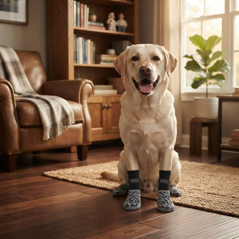 4-pack of non-slip dog socks p revent licking and biting of hard wood floors