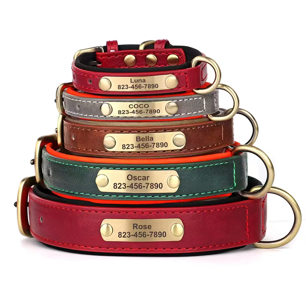 Personalized dog collar, individually engraved PU leather dog collars, free engraving