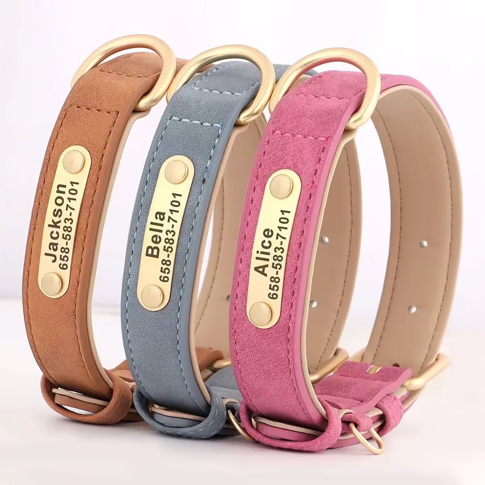Personalized dog collar, individually engraved PU leather dog collars, free engraving