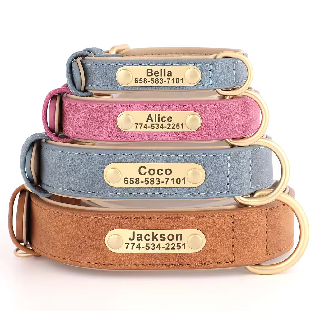 Personalized dog collar, individually engraved PU leather dog collars, free engraving